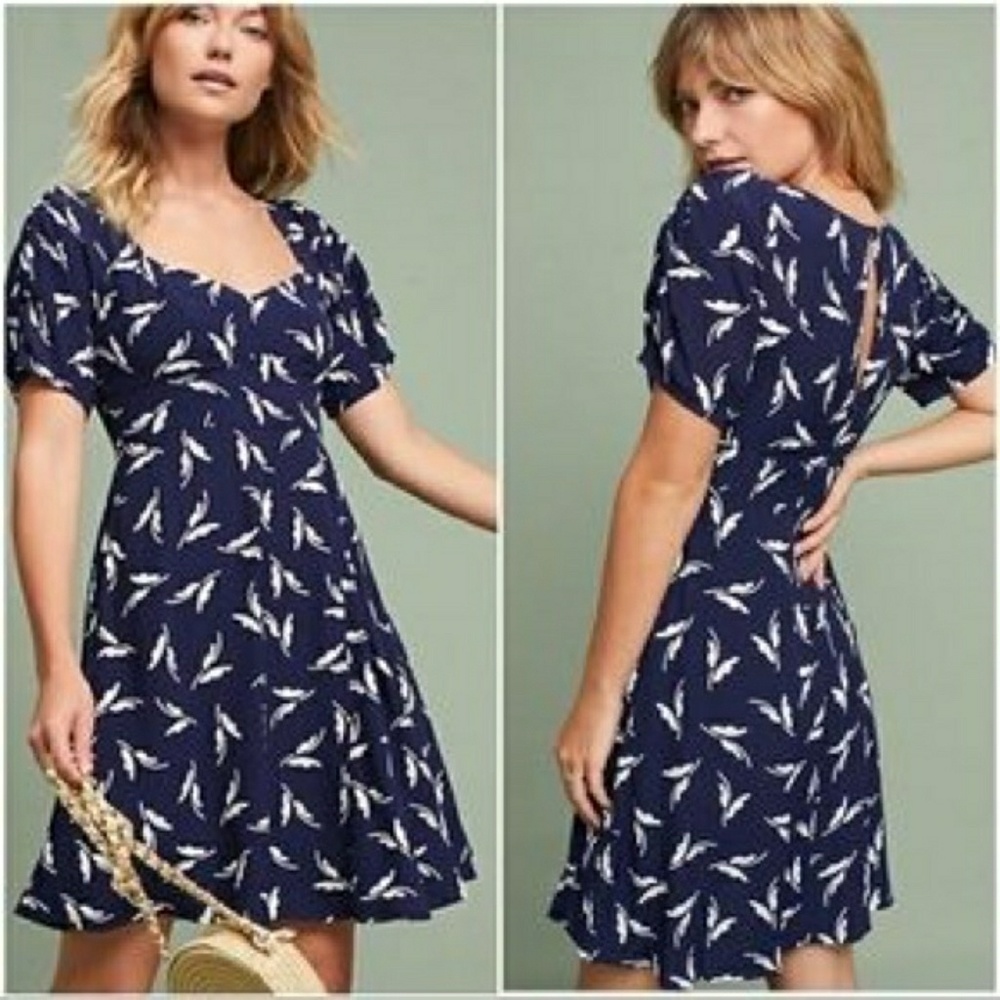 Maeve Blue and White Dress with Rouched Sleeves